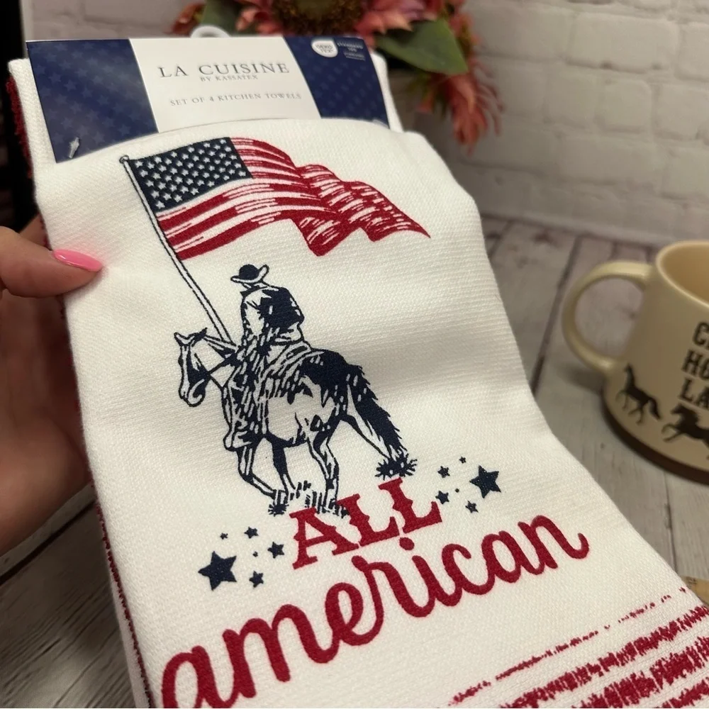NWT western All American Kitchen Towel Set & 18oz mug Crazy horse lady cowgirl